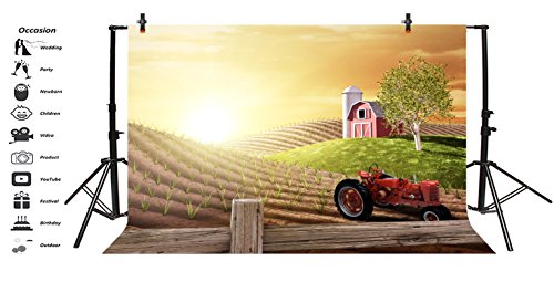 LFEEY 7x5ft Morning Busy Farm Photography Background Fresh Sunrise Country Hills Agriculture Farmland Truck Rural Farming Barn Tractor Photo Backdrop Photo Studio Props