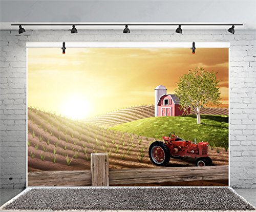 LFEEY 7x5ft Morning Busy Farm Photography Background Fresh Sunrise Country Hills Agriculture Farmland Truck Rural Farming Barn Tractor Photo Backdrop Photo Studio Props