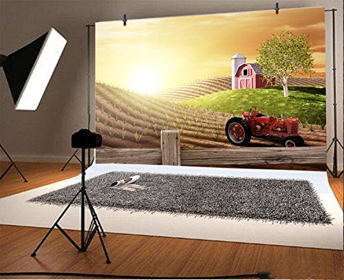 LFEEY 7x5ft Morning Busy Farm Photography Background Fresh Sunrise Country Hills Agriculture Farmland Truck Rural Farming Barn Tractor Photo Backdrop Photo Studio Props