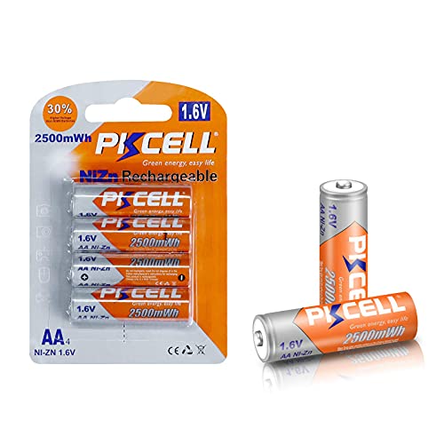 PKCELL Rechargeable AA Batteries NiZn Double A 1.6V 2500mWh Battery- 4Count for Thermometer Cameras Power