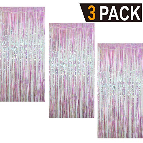 GOER 3.2 ft x 9.8 ft Metallic Tinsel Foil Fringe Curtains Party Photo Backdrop Party Streamers for Birthday,Graduation,New Year Eve Decorations Wedding Decor (Iridescent,3 pcs)