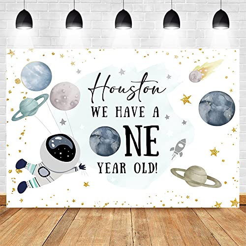 Mocsicka Outer Space First Birthday Backdrop Galaxy Blue Planets Boy 1st Birthday Background Houston Astronaut First Trip Birthday Party Cake Table Decoration Photo Booth Props (7x5ft)