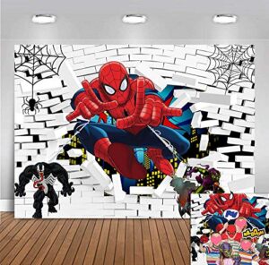 white brick wall spiderman photo background polyester superhero cityscape spider web for children baby boys birthday party banner decorations baby shower supplies (7×5 ft)