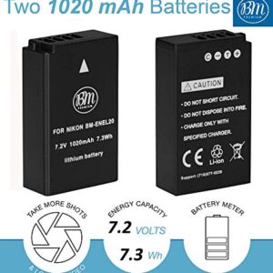 BM Premium 2 Pack of ENEL20, EN-EL20A Batteries and Battery Charger for Nikon Coolpix P950, P1000, DL24-500, Coolpix A, 1 AW1, 1 J1, 1 J2, 1 J3, 1 S1, 1 V3 Digital Camera