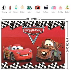 Cartoon Car Backdrop Children Boys Birthday Party Backdrops Car Racing Story Black White Grid Red Photo Backgrounds for Photography Birthday Party Banner (8X6ft)