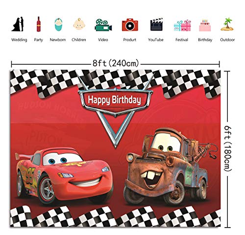 Cartoon Car Backdrop Children Boys Birthday Party Backdrops Car Racing Story Black White Grid Red Photo Backgrounds for Photography Birthday Party Banner (8X6ft)