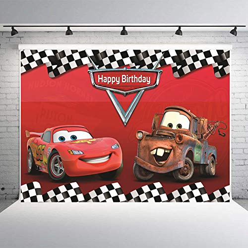 Cartoon Car Backdrop Children Boys Birthday Party Backdrops Car Racing Story Black White Grid Red Photo Backgrounds for Photography Birthday Party Banner (8X6ft)