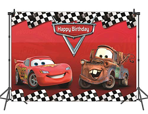 Cartoon Car Backdrop Children Boys Birthday Party Backdrops Car Racing Story Black White Grid Red Photo Backgrounds for Photography Birthday Party Banner (8X6ft)