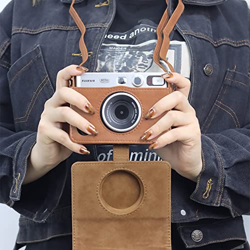 CAIYOULE Protective Case for Fujifilm Instax Mini EVO Instant Digital Hybrid Camera PU Leather Bag Accessories with Adjustable Strap & Screen Protector (Vintage Brown)