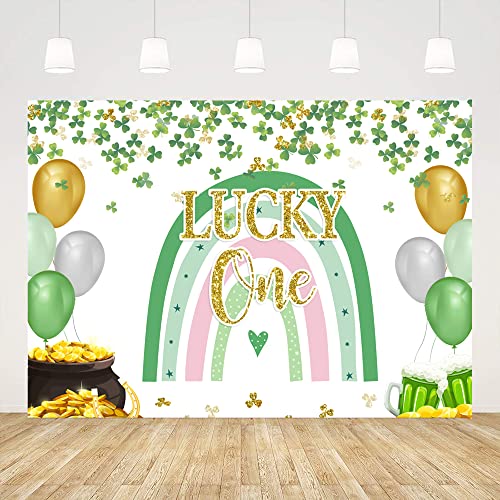 Ticuenicoa 5x3ft St. Patrick’s Day Backdrop Rainbow Lucky One Birthday Photo Background for Photography Green Shamrocks Ballons Banner 1st Birthday Party Decorations Cake Table Favor Supplies