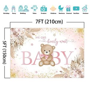 Mocsicka Girl Bear Baby Shower Backdrop Pink Boho Pampas Grass Baby Shower Background We Can Bearly Wait Baby Shower Party Cake Table Decoration Photo Booth Props (7x5ft)