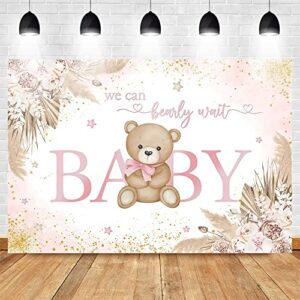 Mocsicka Girl Bear Baby Shower Backdrop Pink Boho Pampas Grass Baby Shower Background We Can Bearly Wait Baby Shower Party Cake Table Decoration Photo Booth Props (7x5ft)