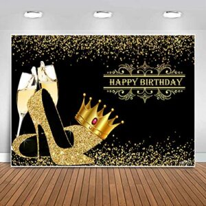 Black Gold Happy Birthday Backdrop Banner Shiny Golden Crown Sequin Champagne High Heels Adult Bday Photography Background for Women Queen Themed Birthday Party Decorations Photo Booth Backdrops 7x5ft