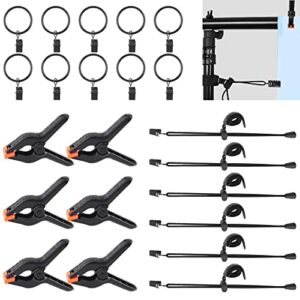 wokape 22 packs photography backdrop clips clamps, include 10 curtain ring clips, 6 spring clamps, 6 leather background clips holder for photo studio backdrop background helper photo clamp