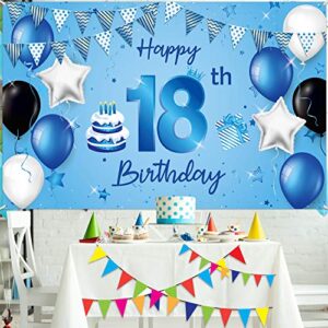 Happy 18th Birthday Backdrop Banner Extra Large Fabric Blue 18th Birthday Sign Poster Photography Background Backdrop Banner for 18th Birthday Anniversary Party Decorations Supplies, 72.8 x 43.3 Inch