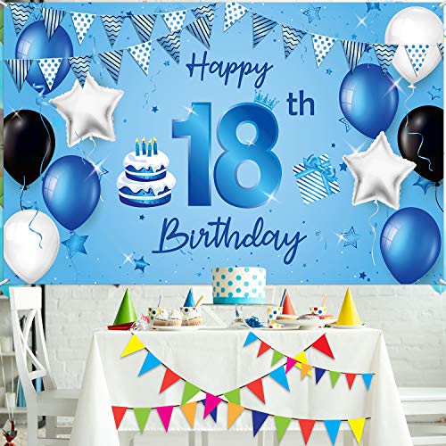 Happy 18th Birthday Backdrop Banner Extra Large Fabric Blue 18th Birthday Sign Poster Photography Background Backdrop Banner for 18th Birthday Anniversary Party Decorations Supplies, 72.8 x 43.3 Inch