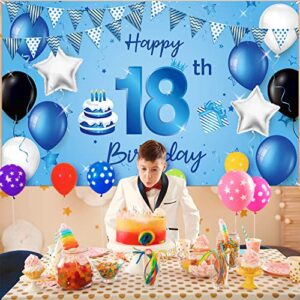 Happy 18th Birthday Backdrop Banner Extra Large Fabric Blue 18th Birthday Sign Poster Photography Background Backdrop Banner for 18th Birthday Anniversary Party Decorations Supplies, 72.8 x 43.3 Inch