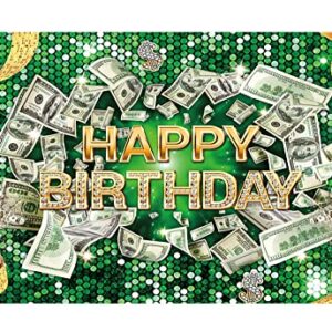 Funnytree 70.8" x 43.3" Money Birthday Backdrop Green Happy Birthday Party Banner Glitter Diamond Luxury Champagne Background Supplies Cake Table Decor Gifts Photobooth Props