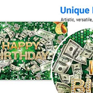 Funnytree 70.8" x 43.3" Money Birthday Backdrop Green Happy Birthday Party Banner Glitter Diamond Luxury Champagne Background Supplies Cake Table Decor Gifts Photobooth Props