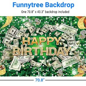 Funnytree 70.8" x 43.3" Money Birthday Backdrop Green Happy Birthday Party Banner Glitter Diamond Luxury Champagne Background Supplies Cake Table Decor Gifts Photobooth Props