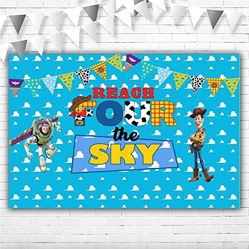 Reach Four the Sky Birthday Backdrop 5x3ft Toy Story 4 Birthday Banner for Party Supplies Vinyl Reach for the sky Backdrop Background for Kids