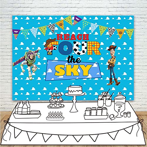 Reach Four the Sky Birthday Backdrop 5x3ft Toy Story 4 Birthday Banner for Party Supplies Vinyl Reach for the sky Backdrop Background for Kids