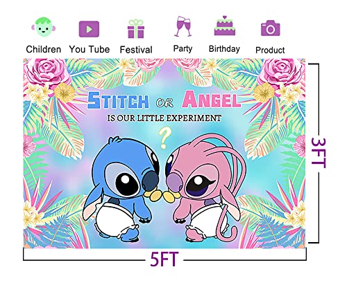 Stitch and Angel Gender Reveal Backdrop Summer Hawaii Baby Shower Banner for Party Decorations Supplies 5x3ft