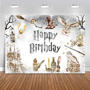 mocsicka wizard birthday backdrop magical castle witch wizard school happy birthday photography background vinyl kids sorcerer theme birthday party cake table decoration photo booth (gray, 7x5ft)