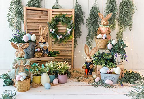 7x5ft Happy Easter Backdrops for Photography Spring Easter Background Hare Rabbits Colorful Eggs Rustic Backdrop for Party Baby Show Photo Booth Prop Backdrop