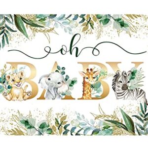 Allenjoy 70.8" x 43.3" Safari Baby Shower Backdrop Jungle Animals Oh Baby Party Banner Gold Greenery Leaves Decor Wild Gender Neutral Party Decorations Supplies