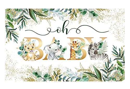 Allenjoy 70.8" x 43.3" Safari Baby Shower Backdrop Jungle Animals Oh Baby Party Banner Gold Greenery Leaves Decor Wild Gender Neutral Party Decorations Supplies