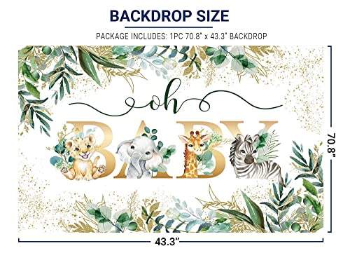 Allenjoy 70.8" x 43.3" Safari Baby Shower Backdrop Jungle Animals Oh Baby Party Banner Gold Greenery Leaves Decor Wild Gender Neutral Party Decorations Supplies