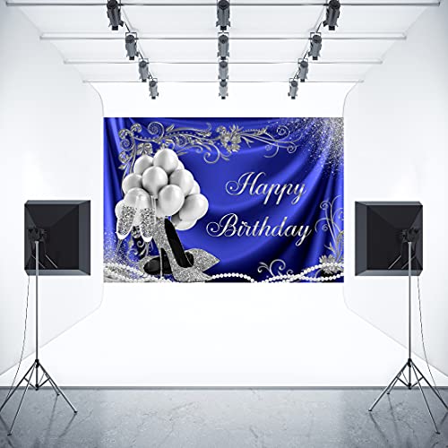 Aperturee 7x5ft Happy Birthday Backdrop Glitter Silver and Blue Dots Balloons High Heels Glasses Photography Background Adult Girls Women Sweet 16 Party Decoration Cake Table Banner Photo Booth Studio