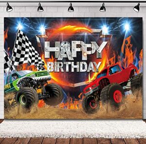 svbright truck backdrop 7wx5h monster baby boys kids happy birthday party racing speed checkered grave digger cars photography background banner photo booth studio polyester fabric