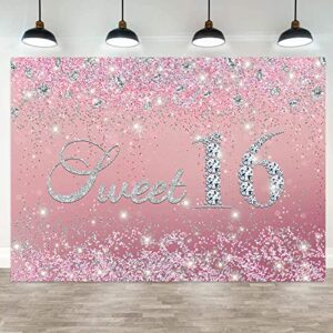 hilioens 7×5ft sweet 16th birthday backdrop glitter pink diamonds bokeh girls 16th birthday party backgorund shining silver happy sixteen birthday party banner deocrations photo booth props