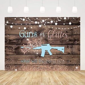 ticuenicoa guns or glitter gender reveal backdrop rustic brown wooden photography background he or she boy or girl blue or pink baby shower cake table party photo shoot props booth studio banner 7x5ft