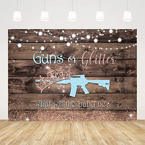 Ticuenicoa Guns or Glitter Gender Reveal Backdrop Rustic Brown Wooden Photography Background He or She Boy or Girl Blue or Pink Baby Shower Cake Table Party Photo Shoot Props Booth Studio Banner 7x5ft