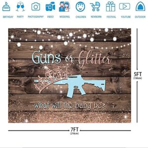 Ticuenicoa Guns or Glitter Gender Reveal Backdrop Rustic Brown Wooden Photography Background He or She Boy or Girl Blue or Pink Baby Shower Cake Table Party Photo Shoot Props Booth Studio Banner 7x5ft