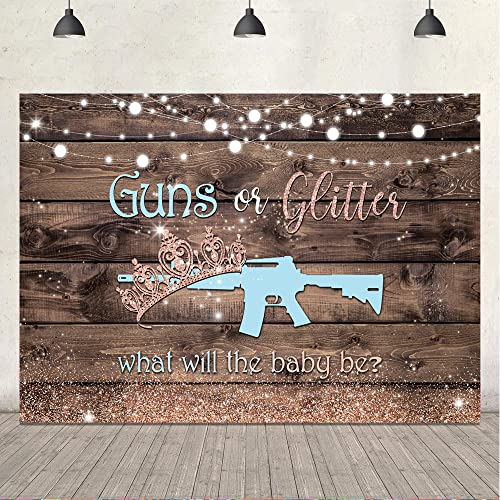 Ticuenicoa Guns or Glitter Gender Reveal Backdrop Rustic Brown Wooden Photography Background He or She Boy or Girl Blue or Pink Baby Shower Cake Table Party Photo Shoot Props Booth Studio Banner 7x5ft