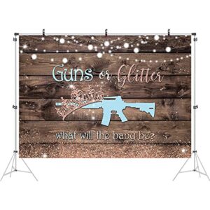 Ticuenicoa Guns or Glitter Gender Reveal Backdrop Rustic Brown Wooden Photography Background He or She Boy or Girl Blue or Pink Baby Shower Cake Table Party Photo Shoot Props Booth Studio Banner 7x5ft