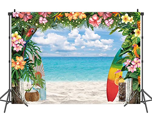 Summer Hawaiian Beach Backdrop Tropical Flowers Luau Photography Background Surfboard Blue Sky Ocean Palm Leaves Aloha Party Decorations Large Tiki Birthday Photo Booth Props