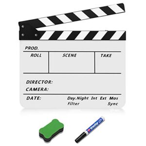 flexzion director clapboard film movie clapper board acrylic plastic dry erase stadio camera tv video cut action scene slate board 10×12″ with black/white sticks