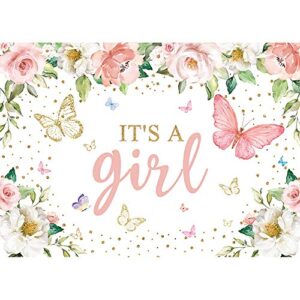 Maijoeyy 7x5ft It's a Girl Baby Shower Backdrop Pink Floral Butterfly Baby Shower Backdrop for Girl Baby Shower Decoration Girl Baby Shower Backdrops for Photography