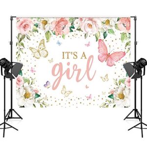 Maijoeyy 7x5ft It's a Girl Baby Shower Backdrop Pink Floral Butterfly Baby Shower Backdrop for Girl Baby Shower Decoration Girl Baby Shower Backdrops for Photography