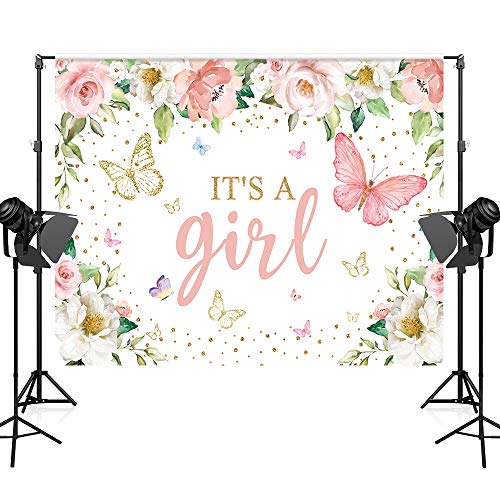 Maijoeyy 7x5ft It's a Girl Baby Shower Backdrop Pink Floral Butterfly Baby Shower Backdrop for Girl Baby Shower Decoration Girl Baby Shower Backdrops for Photography