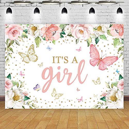 Maijoeyy 7x5ft It's a Girl Baby Shower Backdrop Pink Floral Butterfly Baby Shower Backdrop for Girl Baby Shower Decoration Girl Baby Shower Backdrops for Photography