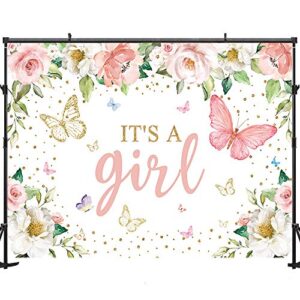 Maijoeyy 7x5ft It's a Girl Baby Shower Backdrop Pink Floral Butterfly Baby Shower Backdrop for Girl Baby Shower Decoration Girl Baby Shower Backdrops for Photography