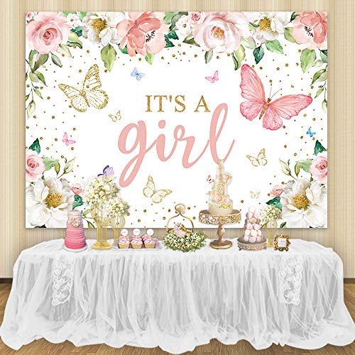 Maijoeyy 7x5ft It's a Girl Baby Shower Backdrop Pink Floral Butterfly Baby Shower Backdrop for Girl Baby Shower Decoration Girl Baby Shower Backdrops for Photography