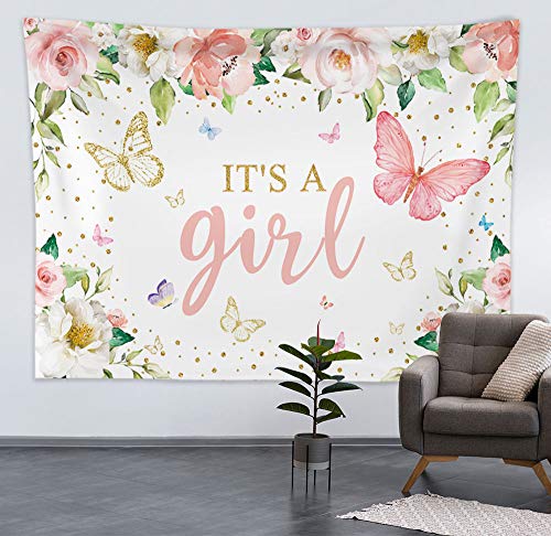 Maijoeyy 7x5ft It's a Girl Baby Shower Backdrop Pink Floral Butterfly Baby Shower Backdrop for Girl Baby Shower Decoration Girl Baby Shower Backdrops for Photography