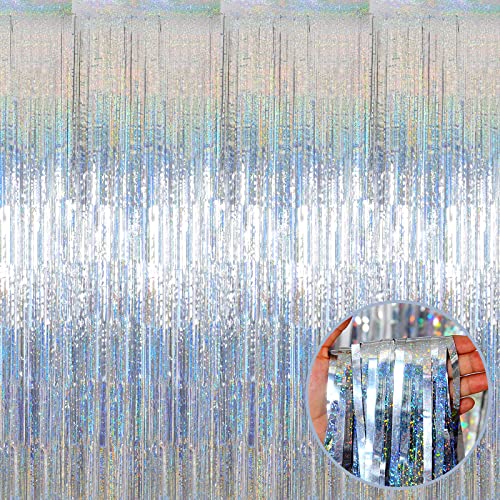 4 Pack Silver Tinsel Foil Fringe Curtain Backdrop, 3.28Ft x 8.2Ft Metallic Streamers for Photo Booth Props Wedding Bridal Shower Bachelorette Birthday Halloween Christmas Party Decoration